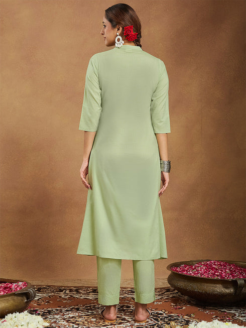 Janasya Women's Mint Green Pure Cotton Embroidered A-line Kurta Pant Set